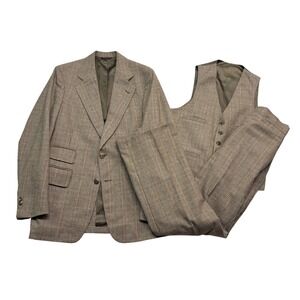 vtg 70s Palm Beach 38R 30x32 Brown Glen Plaid 3pc Tweed Pant Suit Wool USA Retro